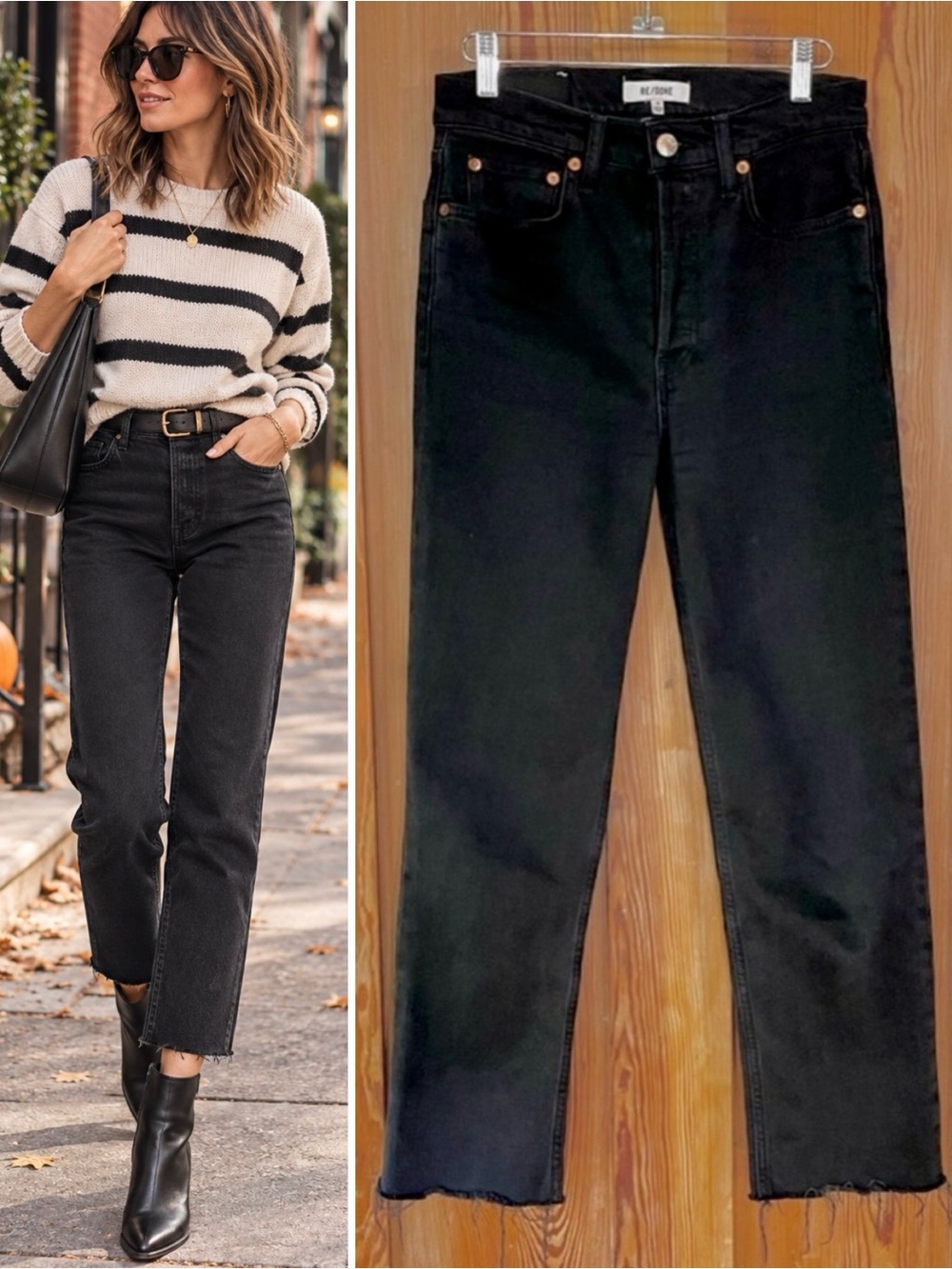 RE/DONE 70s High Rise Stove Pipe Washed Noir Black Raw Hem Jeans 26💛🎀